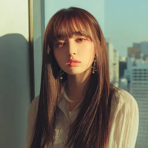 目の上でそろえた重めの前髪とブラウンのロングストレート