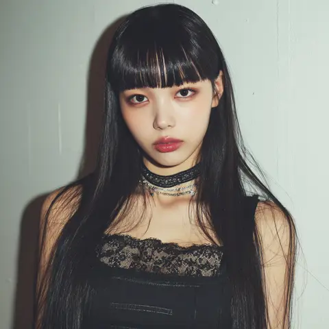 水平に切りそろえた前髪がある黒髪のロングストレート