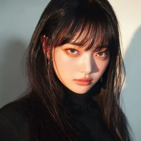 斜めに流した重めの前髪と黒髪のロングストレート