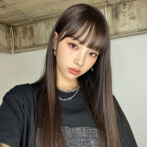 薄めの前髪を合わせたグレージュのロングストレート