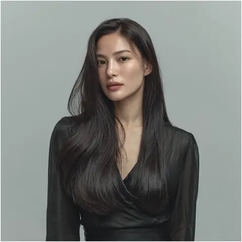 横に分けた長い前髪と胸元まで伸びる黒髪のロングストレート