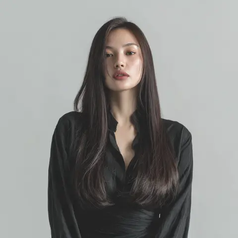 中央寄りで分けた前髪と内向きの毛先がある黒髪のロングストレート